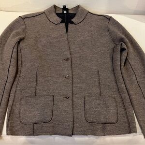 Eileen Fisher Taupe Heather Knit Jacket Mandarin Collar Patch Pockets size Large